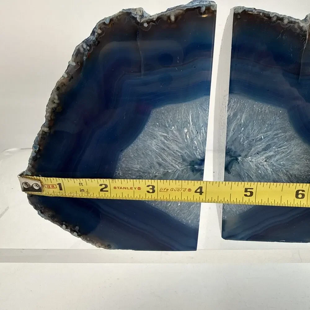 1 Pair 5.25” Polished Blue Brazilian Agate Geodes Bookends W/Beautiful Crystals